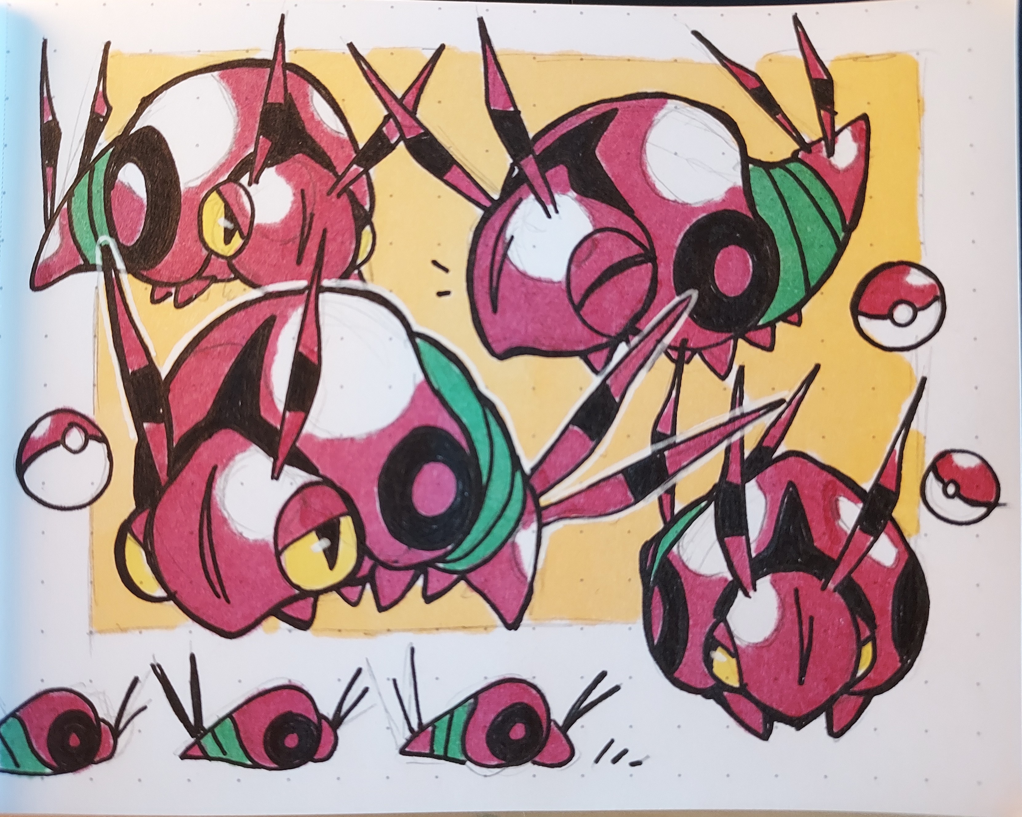 Page 5: Four pen drawings of Venipede from Pokemon. They sit on a yellow background. Three simplified Venipede scoot along the bottom of the page, and three pokeballs are scattered throughout.